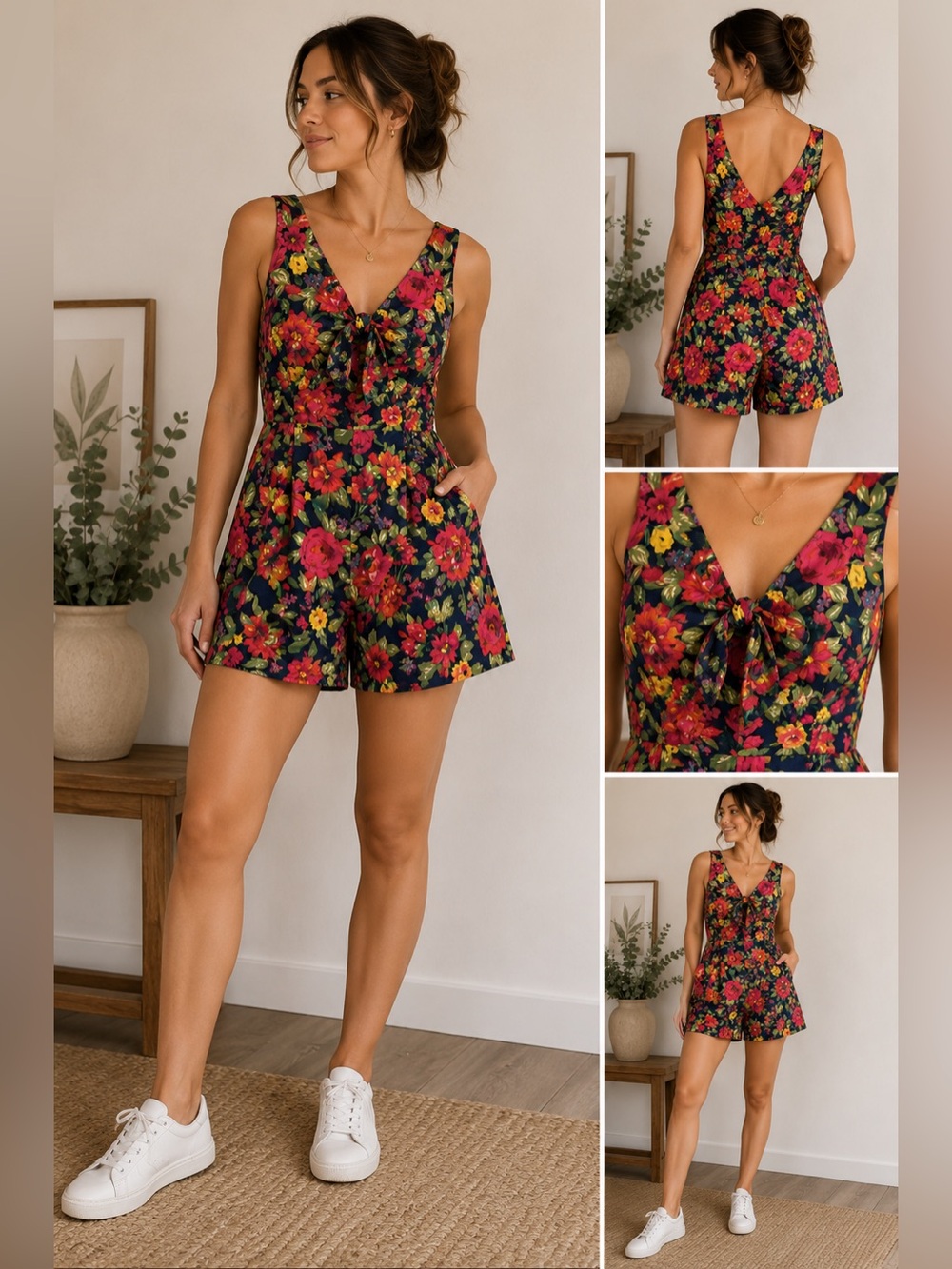 Vintage 1990s Floral Rayon Romper Women’s Small Cottagecore Sleeveless Bow Front